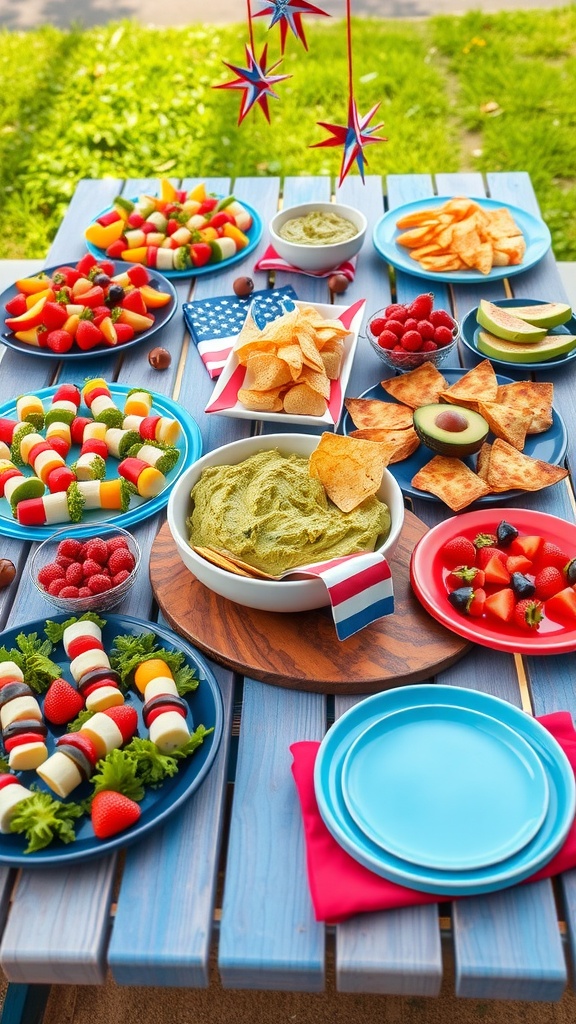 A festive table with July 4th appetizers including vegetable platter, guacamole, caprese skewers, and fruit skewers.